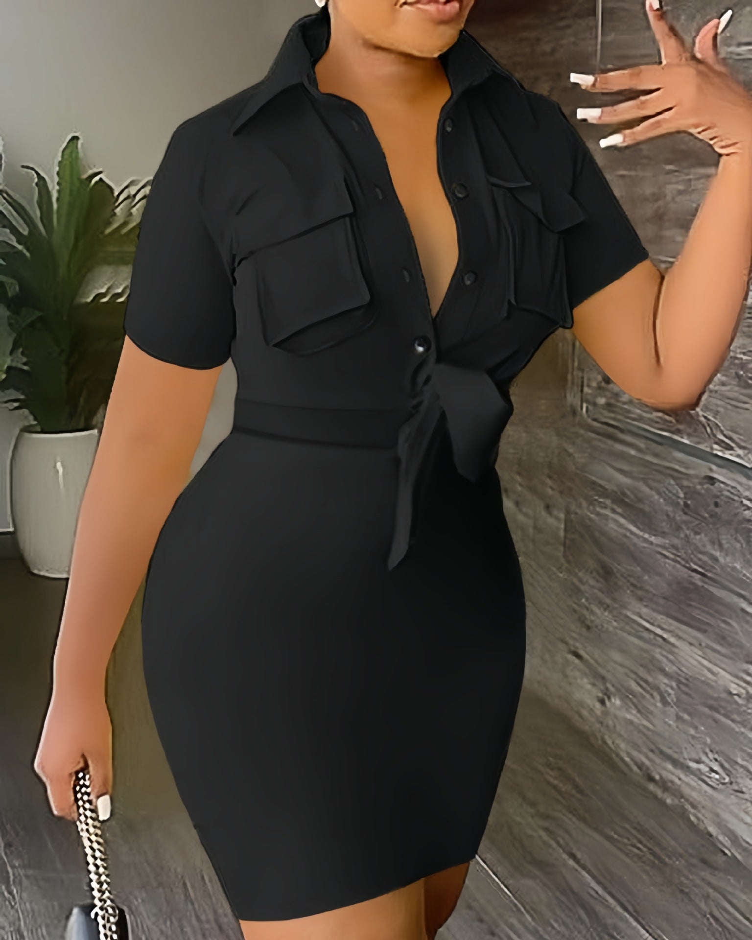 Women's Dress 2023 Summer Fashion Solid Color Lapel Short Sleeve Casual Pocket Design Tie Details Mini Shirt Bag Hip Dress