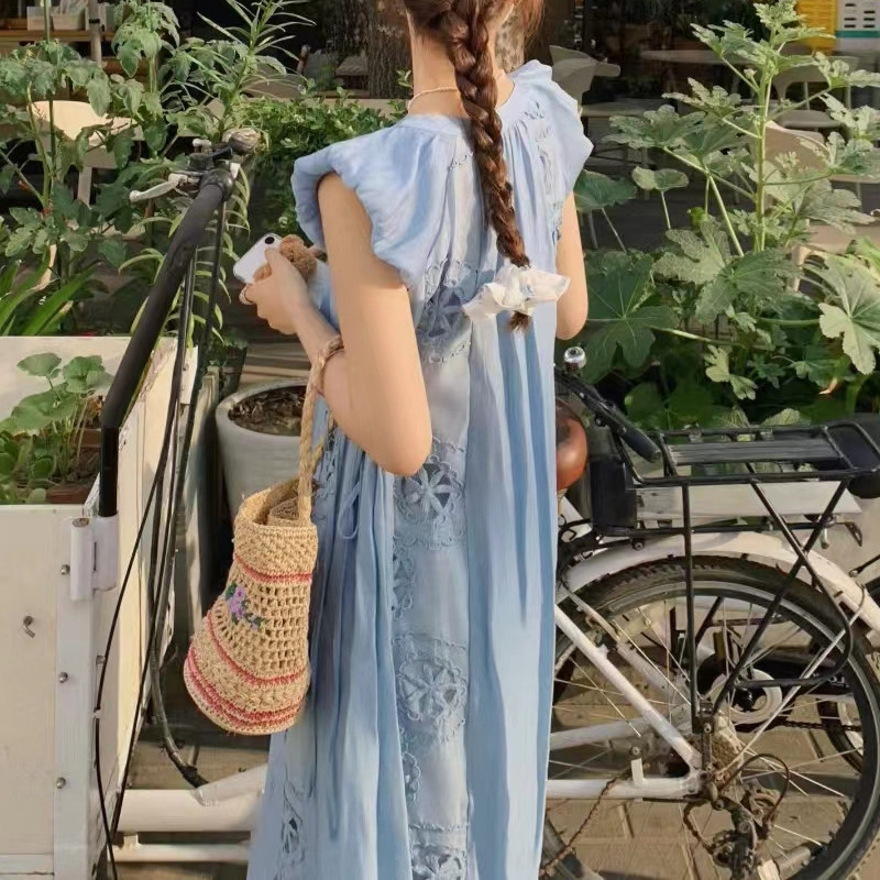 Summer New Ladies Tencel  Small Flying Sleeves French Waist Dopamine Blue Designer Dress