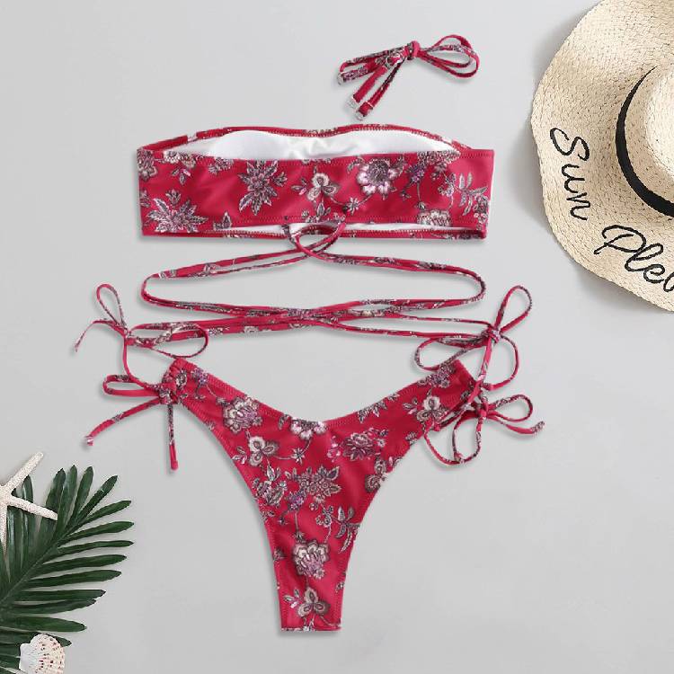 Women Flower Print Tube Top Two Pieces Bikini Set Swimwear Swimsuit Beachwear Beach Bikini 2021 Woman Front  Up Tie