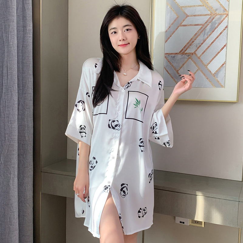 Cute  National Treasure  Pajamas Shirt Collar Nightdress Simple Huaer Cotton Home Service