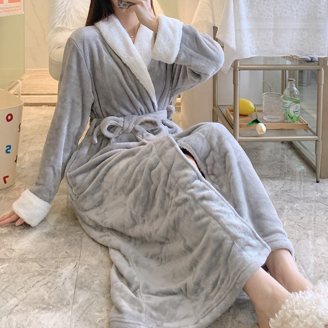 Women's  -end autumn and winter long-sleeved flannel nightgown thick solid color mid-length home service
