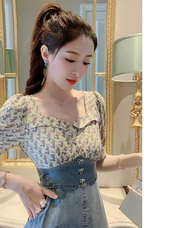 Square collar denim stitching long skirt 2023 summer new slim bow skirt women's clothing Korean elegant dress 4*10