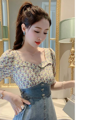 Square collar denim stitching long skirt 2023 summer new slim bow skirt women's clothing Korean elegant dress 4*10