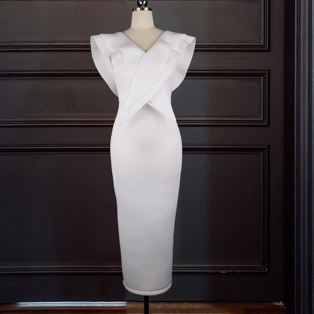 Sexy V Neck Sleeveless Ruffles Package Hip Slim Bodycon Dress Evening Party Dress Women Elegant Orange White Long Maxi Dress