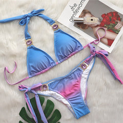 Bikini Sexy Gradient Print Lace-Up Swimsuit