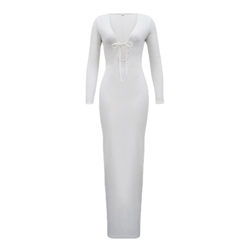 Europe and the United States sexy deep V one-step dress solid color self-cultivation bustless long bag  skirt female hot style