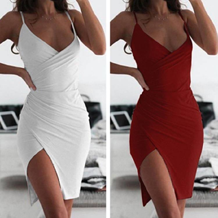 Women Deep V Neck Club Bodycon Dress Women Ruched Backless Cross Red Black Party Bandage Mini Summer Dress Vestidos