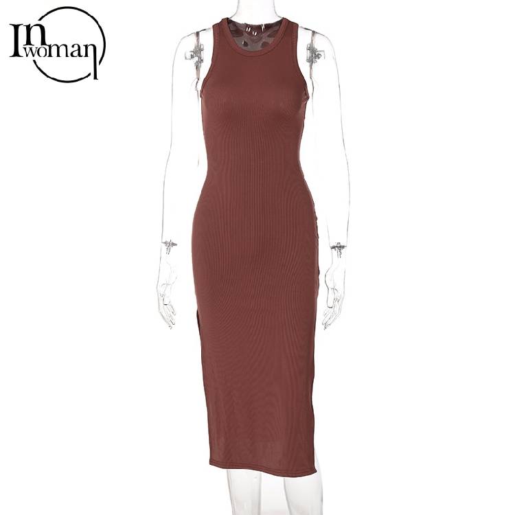 INWOMAN Summer Bodycon Dresses For Women 2021 Sundress Black White Dress Ribbed Knitted Short Wrap Party Ladies Midi Dress