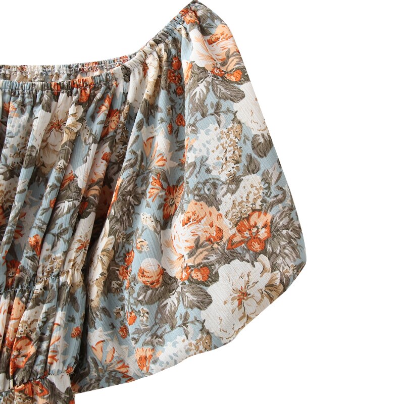 فستان بوهو ستايل قصير مطبوع عليه زهور على شكل فراشة وأكمام قصيرة ورقبة مائلة، فستان نسائي أنيق على شكل حرف A بخصر مطاطي 