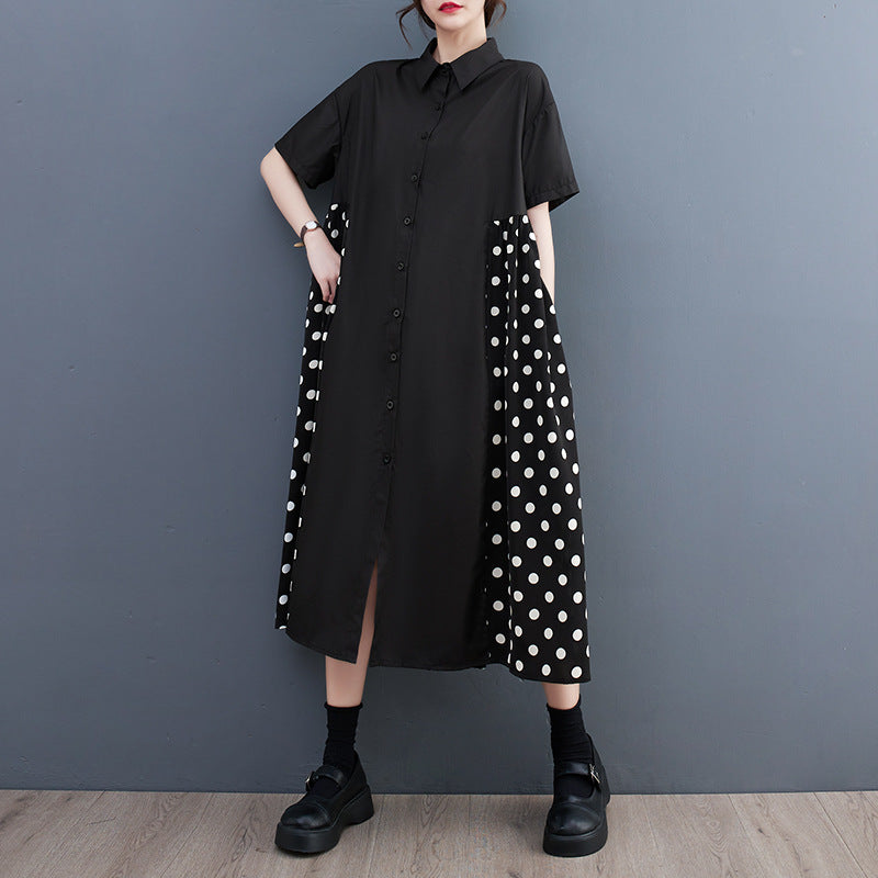 European station fashion large size women's 2023 summer fashion wave dot print splicing style dress slimming shirt skirt