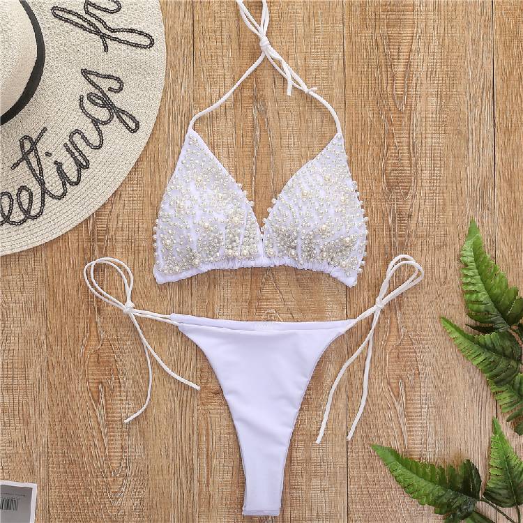 Halter Mini Bikini Female Swimsuit Women Swimwear Two pieces Bikini set Luxury Pearl Bather Bathing Suit Swim Lady
