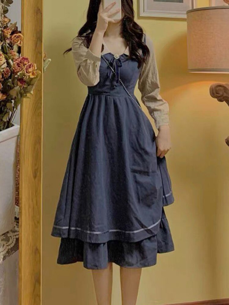 فستان كوري طويل الأكمام ميدي للنساء تصميم فيونكة فستان حفلات ضيق غير رسمي لخريف 2022 فستان بوهو أنيق ملابس نسائية