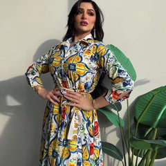 Ethnic Print Maxi Dress for Women 2022 Lapel Single-breasted Dubai Floral Abaya Arabic Oman Middle East Muslim Clothes