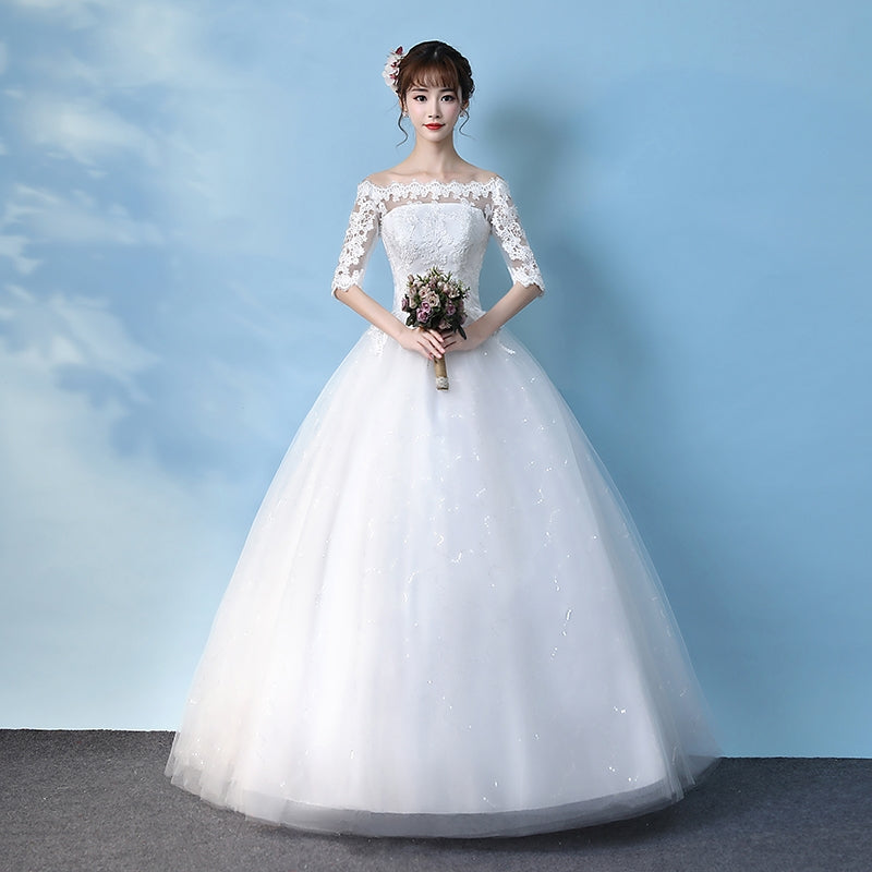 khaki Korean style Large size princess Thin Simple Bride Autumn and winter New trend Off Shoulder Wedding dress