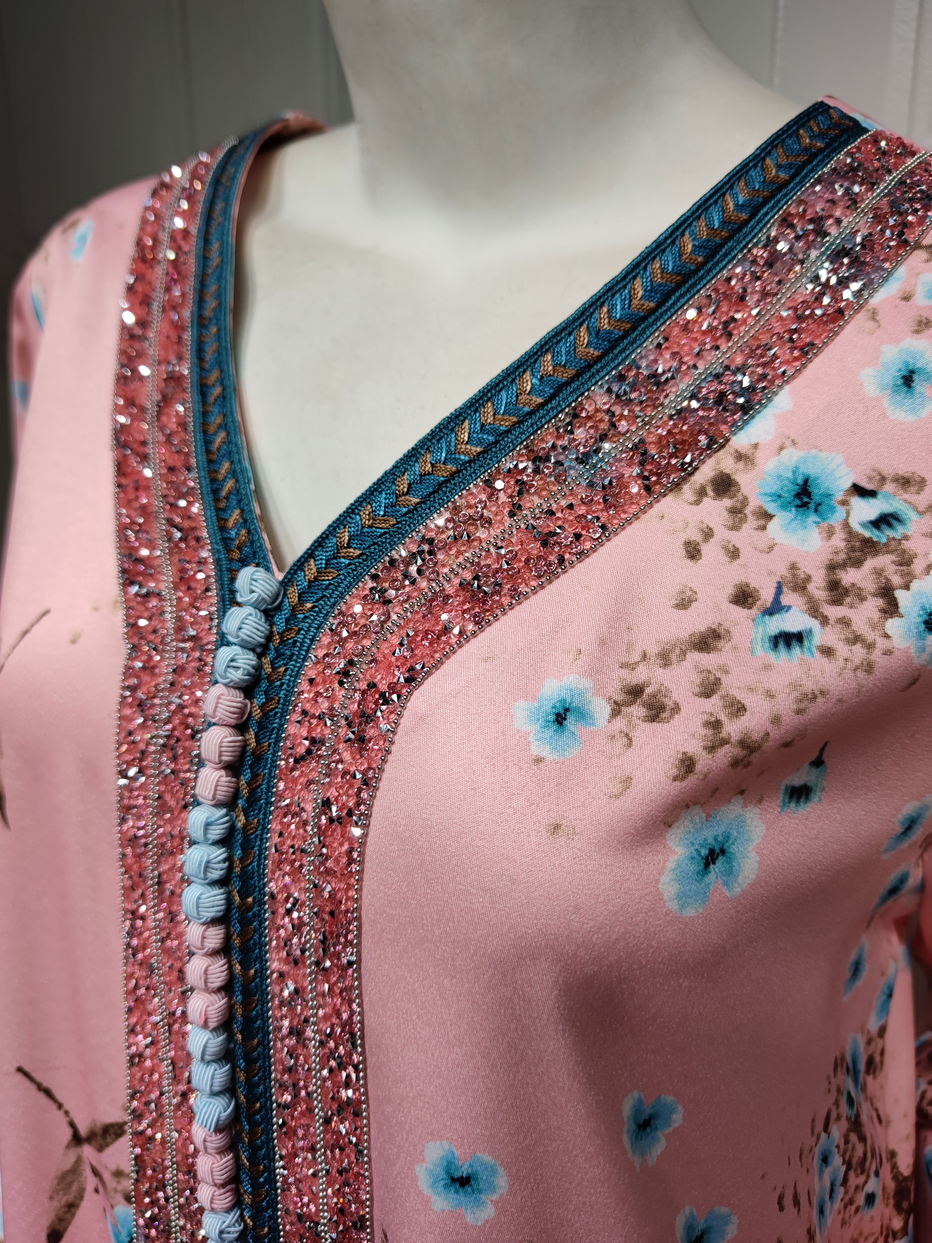 Sweet Pink Floral Maxi Long Dress for Women Ethnic Diamond Ribbon V Neck Middle East Muslim Jalabiya Autumn 2021 New Abaya Eid