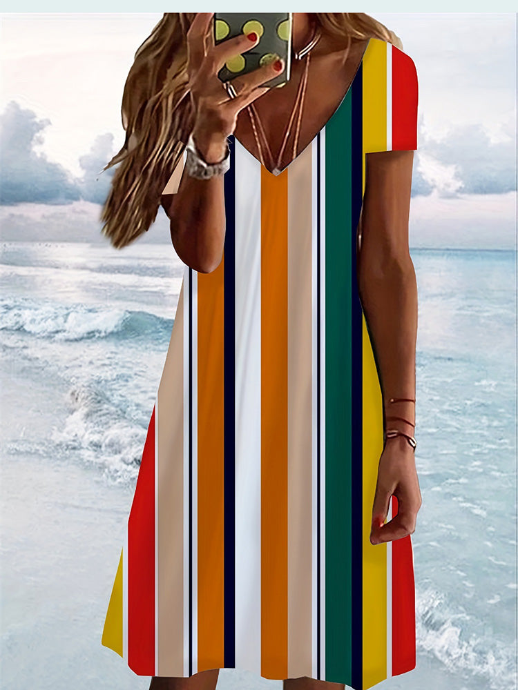 فساتين بوهو نسائية صيفية عصرية بياقة على شكل V وأكمام قصيرة ومطبوعة لحفلات الشاطئ للنساء، فساتين أنيقة غير رسمية للعطلات للنساء