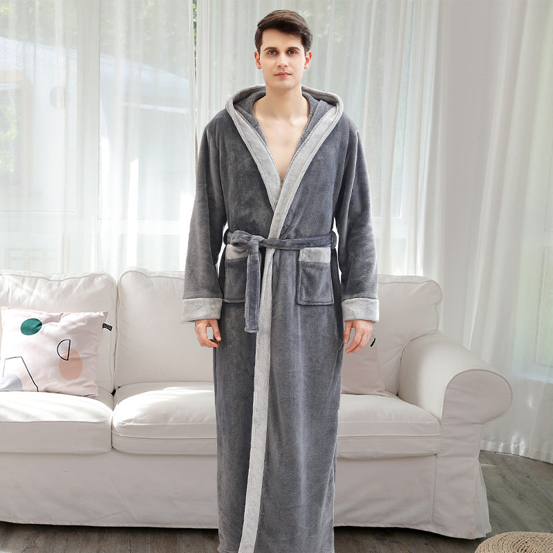 Sexy contrast color hooded bathrobe autumn and winter flannel coral fleece men's nightgown thickened and lengthened couple bathrobes women