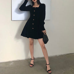 Z Black Dress Women Velvet New Mini A-line Button Long Sleeves Elegant Vintage Square Neck Slim Sturdy French Ladies Vest 2.16