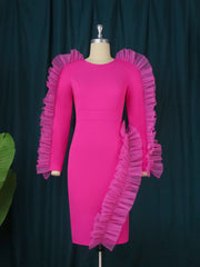 AOMEI Pink Party Dress Women Elegant Long Sleeve Tulle Ruffle Mini Sweet Bodycon Short Wedding Guest Birthday Club Outfits 2022