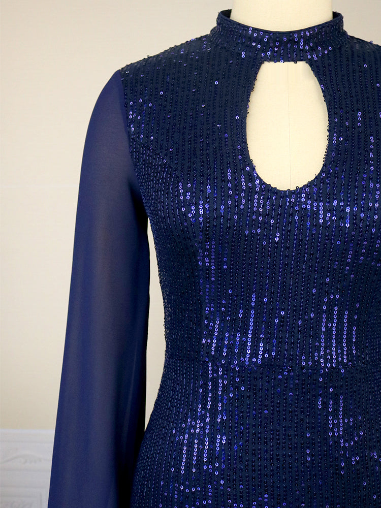 AOMEI Women Party Dress Sequin Glitter Evening Cloak Sleeve Stand Neck Cut Out Bodycon Shiny Vintage Classy Birthday Event Gowns