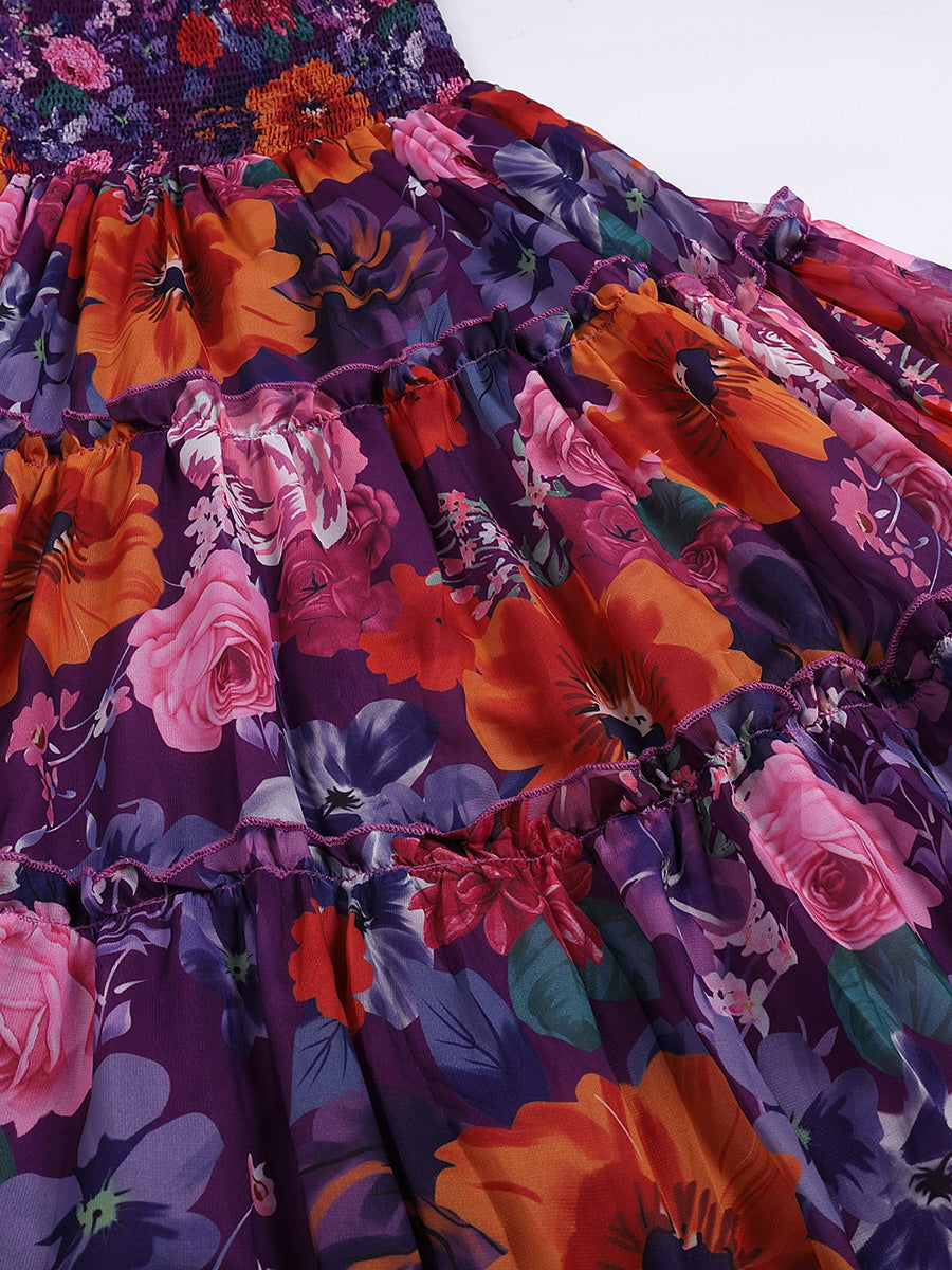 Floral-print one-shoulder chiffon dress