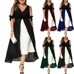 2023 spring and summer cross-border new Amazon plus size women's V-neck splicing fake two-piece irregular mid-sleeve dress