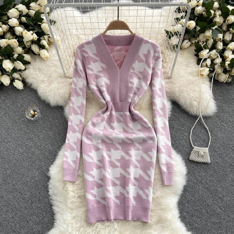 ALPHALMODA New Dress Autumn 2021 Houndstooth Knitted Long sleeved Dress V neck Slim Fit Bodycon Female Chic Fashion Dress