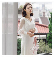 Hot selling new French light wedding dress super  simple white satin bride go out gauze V-neck long-sleeved  party daily dress women