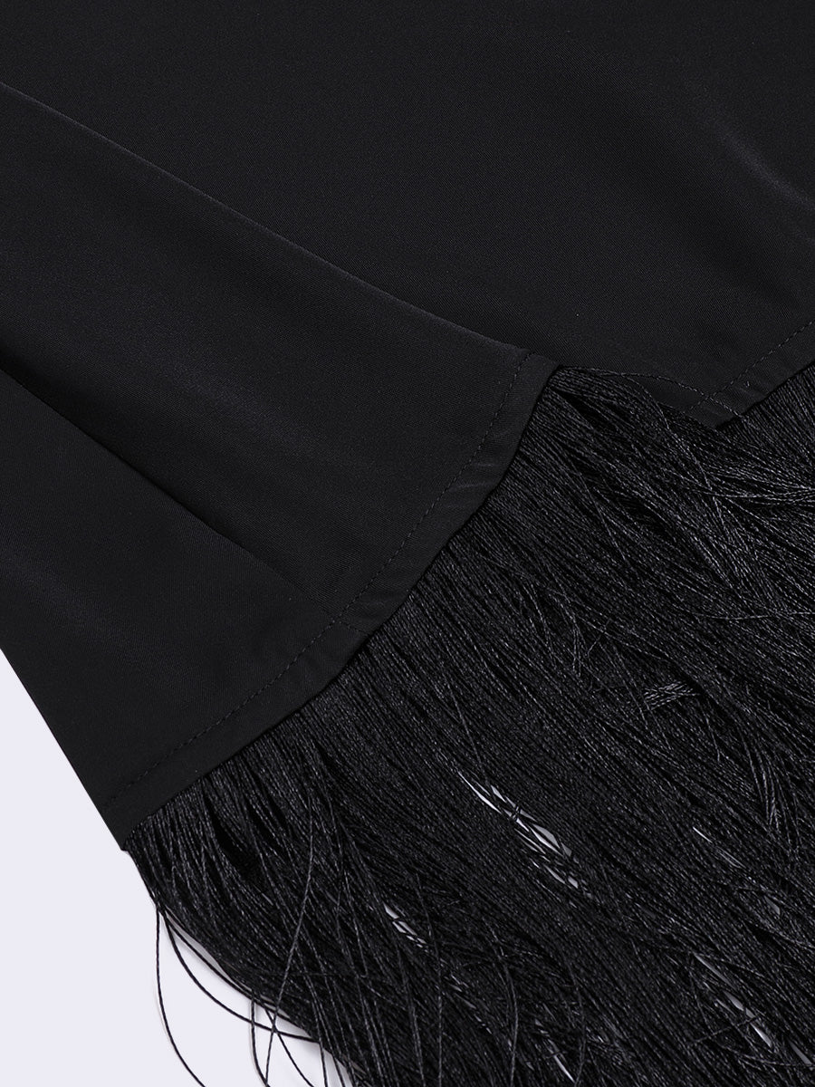 Black Elegant Satin V-Neck Fringed Hem Dress