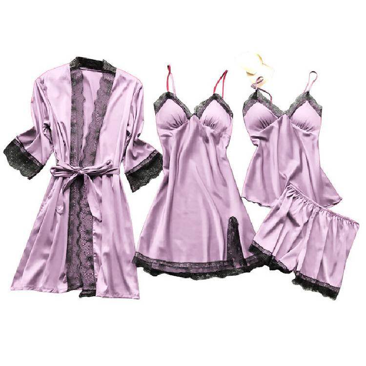 Lace Up Lingerie Pajamas Set Nightdress Women Long Silk Dressing Gown Bath Robe Sleep Wear Four piece Suit Sleepwear
