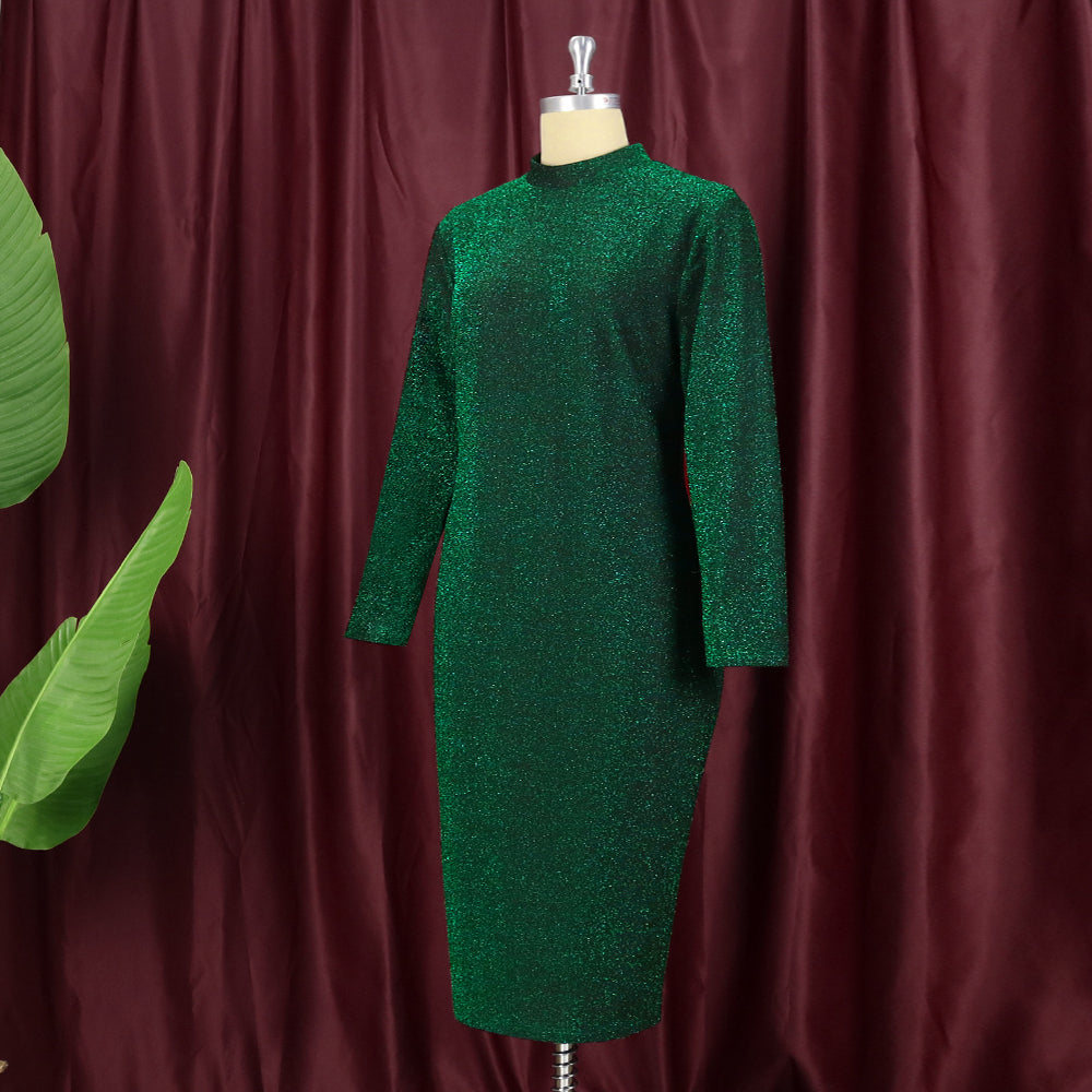 Women Turtleneck Dress 4XL Long Sleeves Bodycon Green Shiny  Elastic Christmas Party Event Evening 2021 Fall Winter Robes