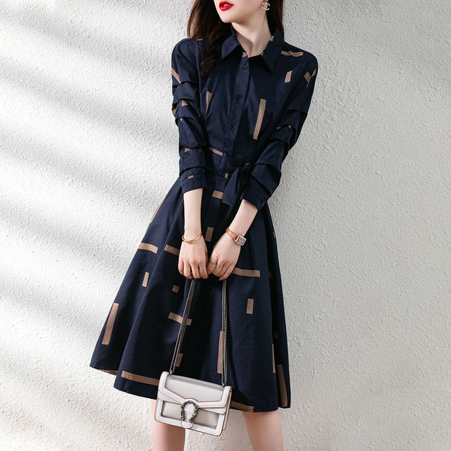 Elegant Fashion Geometric Print Belt Dress 2022 Spring Long Sleeve Lapel Loose Pullover Midi Dress Women Clothes 2r20 Print Irregular