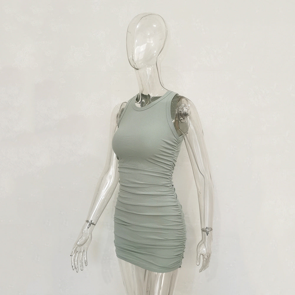 Sleeveless O Neck Pleated Bodycon Dress For Women Solid Sexy Fashion Lace-UP Midi Dress Spring Summer