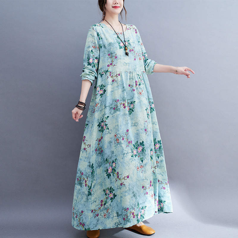 Middle-aged fat mother clothing 180 jin plus fat plus size dress retro print long skirt temperament women's skirt