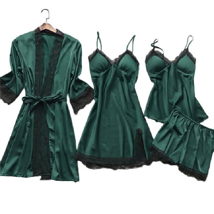 4PC Silk Robe Sleep Suit Womens Lace Satin Pajamas Gown Set V Neck Cami Nighties Wear Pijama Home Nightwear Spring Nightdress