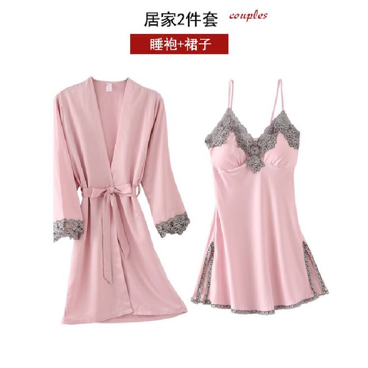 5PC Silk Robe Sleep Suit Womens Lace Satin Pajamas Gown Set V Neck Cami Nighties Wear Pijama Home Nightwear Spring Nightdress