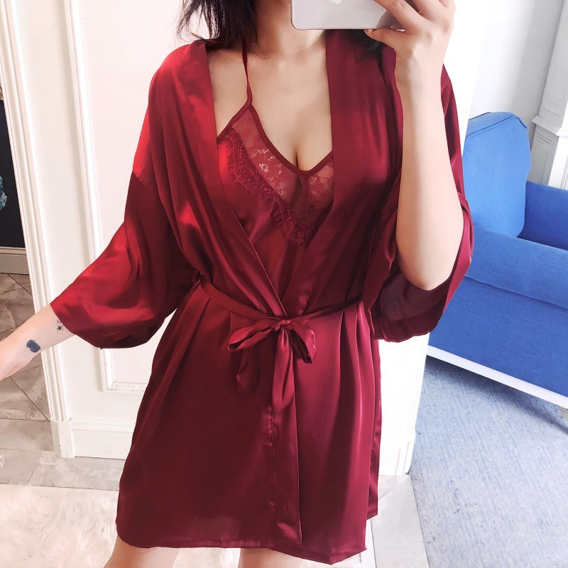 women sexy pijamas 2020 new elegant strap nightdress thin nightgown two-piece Set Nightdress and Sleepwear Robes summer ice silk sleepwear