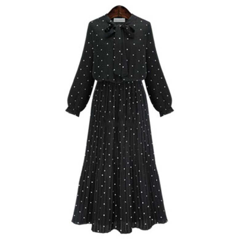 ربيع جديد فضفاض نمط النمط الأوروبي فستان منقط المرأة طباعة طويلة الأكمام السيدات فستان القوس البوهيمي الشيفون الشيفون فستان أسود المرأة رداء