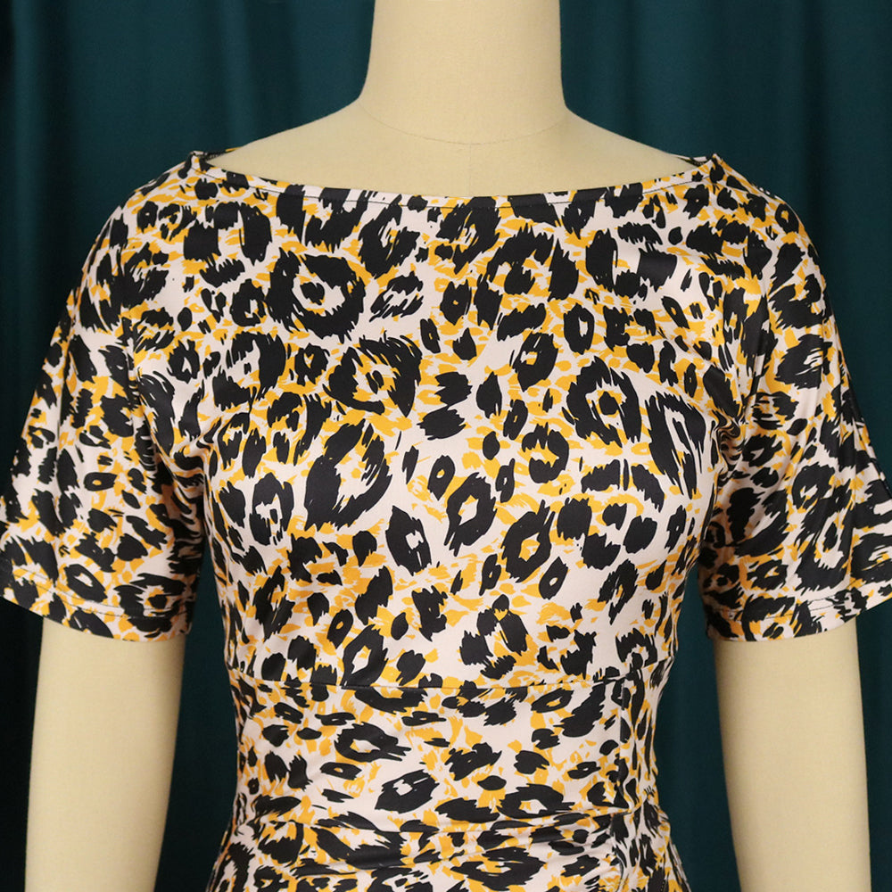 Mulheres vestidos de leopardo bodycon plissado impressão fenda o pescoço manga curta cintura alta cocktail festa à noite outfits formatura vestido lon