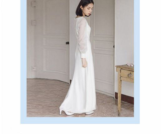 Hot selling new French light wedding dress super  simple white satin bride go out gauze V-neck long-sleeved  party daily dress women