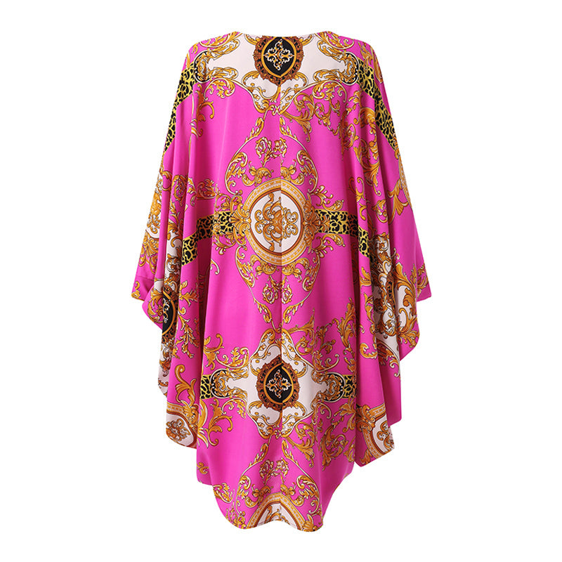 VONDA women's European and American black large size hit color retro pattern printed dress elegant temperament mature round neck long sleeve bat sleeve  A-line skirt large  skirt daily spring and autumn fashion all-match knee-length skirt short skirt