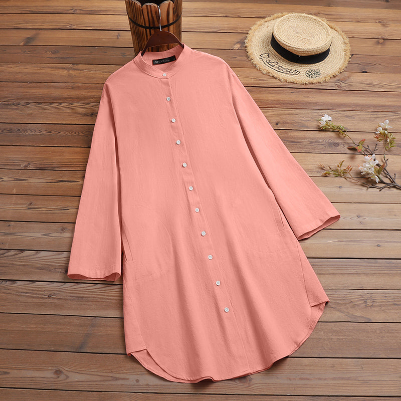 Women Solid Long Tops White Lapel Blusas Fashion Cotton Linen Blouse OL Tunic ZANZEA Casual Baggy Shirts
