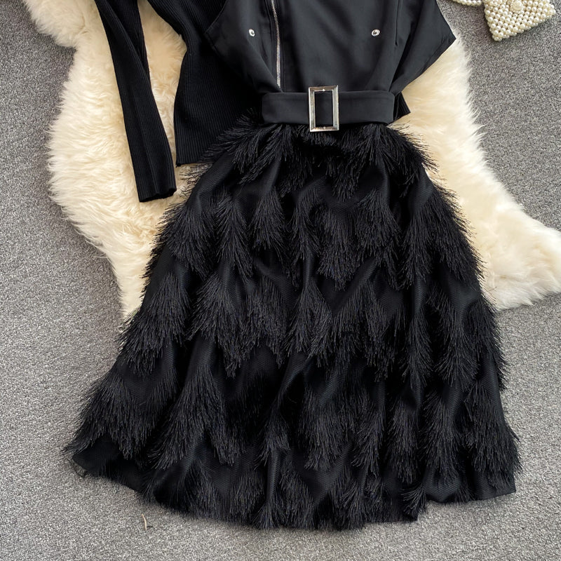 Autumn black stand-up collar tight  bottoming shirt two-piece suit  waisted splicing  fringe suspender dress