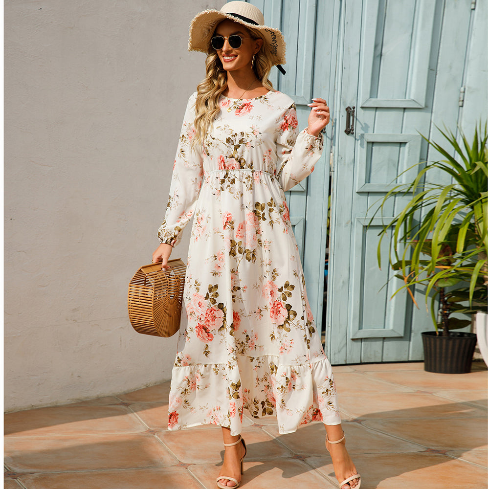 Sping Summer Bohemian Women Maxi Dress Casual Long Sleeve  Waist Beach Woman Chiffon Dresses Floral Vestidoes Mujer New