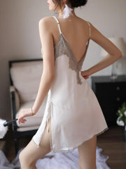 Ladies Fashion Simple Lace Stitching Simulation Silk Nightdress JFSJX1111