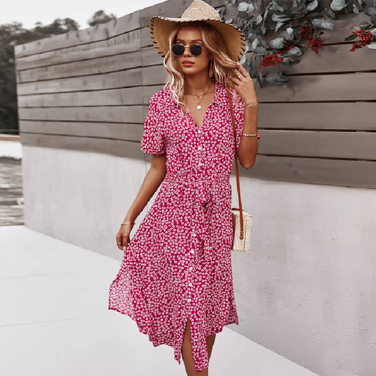 Beach Boho Summer Dress Shirt 2021 Floral Vintage High Waist Dresses Women Casual Loose Single Breasted Midi Slim Elegant Robe