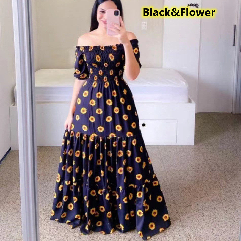Women's Fashion Off Shoulder Dress Floral Print Long Dress Maxi Dresses Big  Dress Rochii Elegante Kleider Damen Elegant