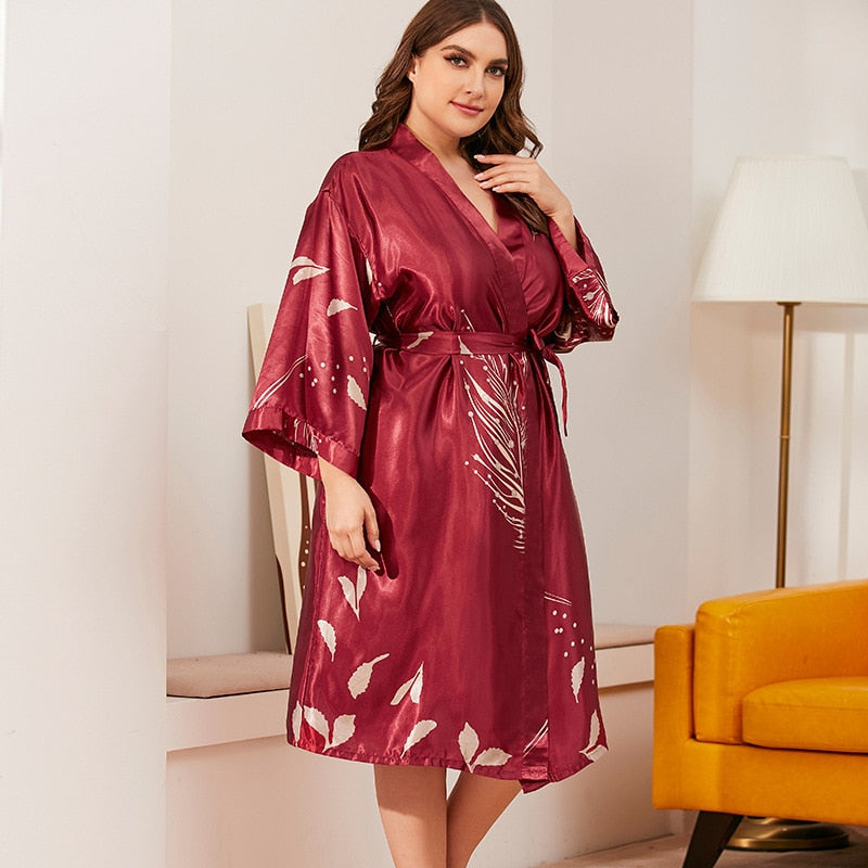 Burgundy Women Full Sleeve Summer Kimono Robe Bathrobe Satin Print  Nightdress Plus Size XL-3XL  Home Dress Sleepwear