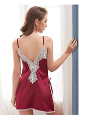 Ladies Fashion Simulated Silk Stitching Lace Homewear Nightdress JJX1111