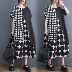 Women's western-style skirt Korean style summer literary and artistic large size  and thin wave point stitching mid-length dress